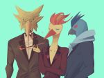  articuno black_neckwear black_suit blank_eyes blue_eyes bow bowtie gen_1_pokemon holding holding_pipe legendary_pokemon looking_at_viewer moltres numina pipe pokemon red_eyes smoking standing upper_body yellow_eyes zapdos 