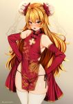  1girl bangs beryl_benito blonde_hair blush breasts china_dress chinese_clothes commentary_request detached_sleeves double_bun dress gradient gradient_background long_hair looking_at_viewer lowleg lowleg_panties marota open_mouth panties red_dress side-tie_panties sleeves_past_fingers sleeves_past_wrists small_breasts smile solo string_panties tales_of_(series) tales_of_hearts thighhighs underwear white_legwear yellow_background yellow_eyes 