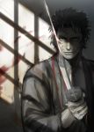  1boy blood closed_mouth collarbone fate/grand_order fate_(series) hijikata_toshizou_(fate/grand_order) holding holding_sword holding_weapon japanese_clothes katana kimono kusarebon long_sleeves looking_at_viewer male_focus monochrome short_hair solo spiked_hair spot_color standing sword weapon 
