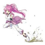 1girl bangs beyblade bow chen_mao commentary_request denchuubou fang fingerless_gloves gloves jumping long_hair pants pink_hair ponytail shoes sidelocks simple_background sleeveless smile solo white_background white_footwear white_pants yellow_eyes 