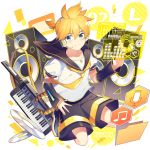  1boy bangs bass_clef beamed_eighth_notes belt black_collar black_shorts black_sleeves blonde_hair blue_eyes bow cd collar detached_sleeves envelope folder full_body hair_bow headphones headset holographic_interface instrument kagamine_len keyboard_(instrument) keytar looking_at_viewer male_focus microphone_symbol musical_note nail_polish necktie sailor_collar school_uniform seiza shirt short_ponytail short_sleeves shorts sinaooo sitting smile solo speaker swept_bangs vocaloid white_bow white_shirt yellow_nails yellow_neckwear 