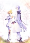  2boys belt black_legwear blonde_hair blue_eyes blue_hair boots capelet coat commentary diamond_dust_(module) earmuffs falling_petals from_behind fur-trimmed_capelet fur-trimmed_coat fur_trim gloves holding_hands ice_fog_(module) kagamine_len kaito kneehighs looking_at_viewer looking_back male_focus multiple_boys outdoors pants project_diva_(series) short_ponytail shorts snow spiked_hair tree vocaloid waving white_capelet white_coat white_footwear white_pants white_shorts 