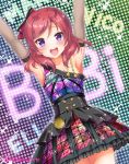  1girl :d \o/ armpits arms_up black_gloves breasts character_name collarbone diamond_princess_no_yuuutsu dress elbow_gloves frilled_dress frills gloves group_name hair_ribbon looking_at_viewer love_live! love_live!_school_idol_project medium_hair nishikino_maki open_mouth outstretched_arms purple_eyes red_hair red_ribbon ribbon sakurai_makoto_(custom_size) screen single_strap sleeveless sleeveless_dress small_breasts smile solo sparkle sweat twitter_username 