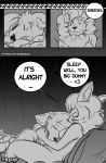  amazinggwen beastars black_and_white bodily_fluids breasts clothed clothing comic dialogue female hug legoshi_(beastars) monochrome neighbor nude predator/prey sebun_(beastars) size_difference sleeping smaller_female sweat 