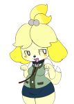  animal_crossing bottomwear breasts canid canine canis clothing collar domestic_dog female isabelle_(animal_crossing) leash mammal nintendo skirt solo tight_clothing tongue video_games vono wide_hips 