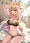  1girl animal_ear_fluff animal_ears arknights armpits arms_up artist_name bangs bed black_bra black_panties blonde_hair blush bra breasts cleavage collarbone commentary cowboy_shot curtains eyebrows_visible_through_hair fox_ears fox_tail groin hair_tie_in_mouth hands_in_hair highres indoors kouno_(uiyoyo199) large_breasts long_hair looking_at_viewer mouth_hold navel nearl_(arknights) panties signature sitting solo stomach symbol_commentary tail thighs underwear underwear_only window yellow_eyes 