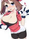  1girl bandana bike_shorts blue_eyes blush breasts breath brown_hair cleavage cowboy_shot gloves half-closed_eyes haruka_(pokemon) heavy_breathing kuro_mushi large_breasts outstretched_hand pokemon pokemon_(anime) pokemon_rse_(anime) sidelocks simple_background smile solo sweat white_background 