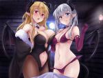  blonde_hair blue_eyes breasts demon elbow_gloves gloves gray_hair horns long_hair navel pantyhose pointed_ears red_eyes succubus tattoo uni8 wings 