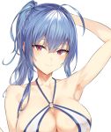  1girl ahoge arm_up armpits azur_lane bikini_top blue_hair breasts cleavage closed_mouth halterneck hiiragi_yuuichi large_breasts long_hair looking_at_viewer o-ring o-ring_bikini o-ring_top ponytail purple_eyes sidelocks simple_background smile solo st._louis_(azur_lane) upper_body white_background 