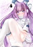  1girl absurdres animal_ears azur_lane blue_eyes blush coat dress eyebrows_visible_through_hair fake_animal_ears feet fur_trim hair_ornament hair_ribbon highres legs long_hair long_sleeves looking_at_viewer mr_lobster open_mouth pantyhose purple_hair ribbon soles solo sweater tashkent_(azur_lane) thighhighs very_long_hair white_coat white_legwear winter_clothes 