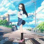  1girl black_hair black_legwear blouse blue_eyes blue_sailor_collar blue_skirt blue_sky building cable cloud crosswalk day full_body goto_hime highres hime_cut kakushigoto key_visual kneehighs long_hair looking_at_viewer looking_to_the_side neckerchief ocean official_art outdoors pink_footwear pleated_skirt road sailor_collar school_uniform serafuku shadow shoes short_sleeves skirt sky sneakers solo standing street telephone_pole white_blouse 