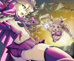  2girls ass blonde_hair blue_eyes breasts brown_hair carol_malus_dienheim eitarou2828 elbow_gloves from_behind gloves hat long_hair medium_breasts mole mole_under_eye multiple_girls open_mouth orange_eyes senki_zesshou_symphogear shiny shiny_hair shiny_skin short_hair side_cutout sideless_outfit small_breasts tachibana_hibiki_(symphogear) teeth thighhighs 