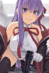  1girl bangs bare_shoulders bb_(fate)_(all) bb_(fate/extra_ccc) black_coat blush breasts coat fate/extra fate/extra_ccc fate_(series) gloves grin hair_ribbon kneeling large_breasts leaning_forward leotard long_hair long_sleeves looking_at_viewer neck_ribbon off_shoulder open_clothes open_coat popped_collar purple_eyes purple_hair red_ribbon ribbon shiseki_hirame smile solo stake thighs translation_request very_long_hair white_gloves white_leotard 