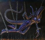 alien alien_(franchise) bdsm bondage bound breasts chain chitin cuffs eyeless female long_tail metal nipples nude solo suspension tail_blade unknown_artist xenomorph 