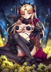  1girl animal_ears arm_up bangs black_cape black_footwear black_legwear blonde_hair blush bow breasts cape cat_ears cleavage cosplay detached_collar earrings elbow_gloves ereshkigal_(fate/grand_order) fake_animal_ears fate/grand_order fate_(series) flower fur-trimmed_cape fur-trimmed_legwear fur_bikini fur_collar fur_trim glint gloves gold hand_on_own_chin hand_up high_heels highres jewelry large_breasts lens_flare light_particles long_hair looking_at_viewer mallizmora mash_kyrielight mash_kyrielight_(cosplay) multicolored multicolored_cape multicolored_clothes o-ring o-ring_top parted_bangs petals red_cape red_eyes sitting solo thighhighs tiara tsurime two_side_up yellow_cape yellow_flower yokozuwari 