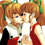  bad_id bad_pixiv_id blonde_hair blue_eyes dual_persona french_kiss holding_hands kiss long_hair masao multiple_girls ponytail rockman rockman_(classic) roll selfcest time_paradox tongue upper_body yuri 