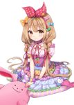  1girl blonde_hair blue_bow blush bow brown_eyes candy dress food frilled_dress frills futaba_anzu green_bow hair_bow heart idolmaster idolmaster_cinderella_girls jewelry macaron nazuna_shizuku neck_ribbon necklace orange_bow pink_footwear pleated_skirt polka_dot polka_dot_bow puffy_short_sleeves puffy_sleeves red_bow red_ribbon ribbon seiza short_sleeves sitting skirt smile striped striped_legwear stuffed_animal stuffed_bunny stuffed_toy twintails wariza 