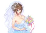  1girl alternate_costume bare_shoulders blue_eyes blush bracelet breasts bridal_veil brown_hair cleavage collarbone dress eyebrows_visible_through_hair fujisaki_yua highres jewelry jisedai_youtuber_yua kiyama_satoshi large_breasts long_hair looking_at_viewer multicolored open_mouth pearl_bracelet simple_background smile solo veil virtual_youtuber wedding_dress white_background 