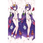  1girl ankle_ribbon ass_visible_through_thighs bangs bare_shoulders barefoot_sandals blush bob_cut breasts bridal_gauntlets closed_mouth collarbone cup dakimakura erspace eyeliner fate/grand_order fate_(series) full_body headpiece horns japanese_clothes jar kimono legs long_sleeves looking_at_viewer makeup navel nipples one_eye_closed oni oni_horns open_clothes open_kimono open_mouth petals purple_eyes purple_hair purple_kimono red_ribbon revealing_clothes ribbon sakazuki short_eyebrows short_hair shuten_douji_(fate/grand_order) skin-covered_horns wide_sleeves 