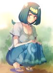  1girl blue_eyes blue_hair blush breasts check_commentary cleavage closed_mouth commentary_request dress e_keroron feet freckles large_breasts long_hair looking_at_viewer pokemon pokemon_(anime) pokemon_sm_(anime) sandals smile solo suiren&#039;s_mother_(pokemon) 