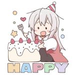  1girl :d bangs black_legwear blush_stickers cake chibi collared_dress commentary_request diagonal_stripes dress eyebrows_behind_hair food fork genderswap genderswap_(mtf) grey_hair hat heart holding holding_fork long_hair long_sleeves nekotoufu no_shoes onii-chan_wa_oshimai open_mouth oyama_mahiro pantyhose party_hat red_dress shirt sitting sleeveless sleeveless_dress smile soles solid_circle_eyes solo star striped very_long_hair white_background white_shirt 