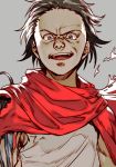  1boy akira black_eyes black_hair cape forehead hair_slicked_back hankuri looking_at_viewer male_focus mechanical_arm open_mouth red_cape red_scarf scarf shima_tetsuo shirt simple_background solo spiked_hair upper_body 