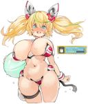  1girl areola_slip areolae ball beachball blonde_hair blush breasts cowboy_shot curvy eyebrows_visible_through_hair gene_(pso2) green_hair huge_breasts midriff multicolored_hair navel phantasy_star phantasy_star_online_2 sachito simple_background solo stomach twintails two-tone_hair white_background wide_hips 