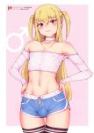  1boy absurdres artist_name bare_shoulders blonde_hair bluefield blush bulge commentary_request highres long_hair male_focus maria_holic midriff mole mole_under_eye navel otoko_no_ko patreon_username red_eyes shidou_mariya solo thighhighs twintails two_side_up 