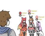  1boy 3girls anthuria arm_guards armor brown_hair chest_plate clarisse_(granblue_fantasy) dorkdragoon draph dress erune gameplay_mechanics gloves gran_(granblue_fantasy) granblue_fantasy hood hoodie multiple_girls narmaya_(granblue_fantasy) pink_hair red_hair sketch thighhighs 