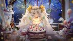  1girl balloon birthday_cake cake candle choker confetti cupcake detached_sleeves dress food food_fantasy fruit goddess_rice_(food_fantasy) highres long_hair macaron multicolored_hair night night_sky official_art rice_(food_fantasy) rice_hair_ornament sky smile solo strawberry sweets teapot tiara tiered_tray twintails yellow_eyes 