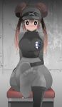  1girl black_legwear blush breasts brown_hair closed_mouth dark_persona double_bun feet highres large_breasts long_hair looking_at_viewer mei_(pokemon) name_john pantyhose pokemon pokemon_(game) pokemon_bw2 smile solo twintails visor_cap 