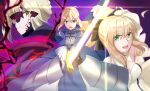  3girls absurdres ahoge armor armored_dress artoria_pendragon_(fate) bangs blonde_hair braid eyebrows_behind_hair eyebrows_visible_through_hair fate/grand_order fate/stay_night fate_(series) green_eyes hair_between_eyes hair_ribbon highres holding holding_sword holding_weapon incoming_attack looking_at_viewer multiple_girls open_mouth ribbon saber saber_alter saber_lily sii_artatm smile sword weapon yellow_eyes 