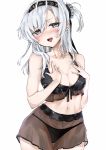 1girl bangs bikini black_bikini black_headband blush breasts chigasaki_y cleavage clothes_writing collarbone cowboy_shot grey_eyes hachimaki hair_between_eyes hands_on_own_chest headband highres kantai_collection long_hair navel one_side_up open_mouth silver_hair simple_background solo suzutsuki_(kantai_collection) sweat swimsuit white_background 