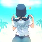  1girl ass blue_hair bra breasts commentary e_keroron long_hair palm_tree pokemon pokemon_(anime) pokemon_sm_(anime) shirt solo suiren&#039;s_mother_(pokemon) tree underwear wet wet_clothes wet_shirt 