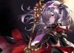  1girl bare_shoulders black_legwear breasts granblue_fantasy hair_ornament harp harvin high_heels highres hinahino instrument lavender_hair nio_(granblue_fantasy) one_eye_covered parted_lips pointy_ears red_eyes sky small_breasts solo star_(sky) starry_sky thighhighs thighs tied_hair 