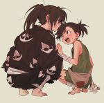  1boy 1girl bandaged_arm bandaged_leg bandages bare_shoulders barefoot beige_background black_kimono blush brown_eyes brown_hair dororo_(character) dororo_(tezuka) edmhhhnh hyakkimaru_(dororo) japanese_clothes kimono long_hair looking_at_another open_mouth ponytail simple_background squatting teeth tongue torn_clothes upper_body 