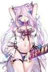  1girl arms_up between_thighs bikini blue_eyes blush braid breasts cleavage draph granblue_fantasy hair_ornament hair_over_one_eye heart heart-shaped_pupils hong_(white_spider) horns katana large_breasts lavender_hair long_hair looking_at_viewer mouth_hold narmaya_(granblue_fantasy) navel pointy_ears simple_background smile solo swimsuit sword symbol-shaped_pupils weapon white_background white_bikini 