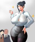  1girl 2boys absurdres bald bijin_onna_joushi_takizawa-san black_hair black_skirt black_suit blazer breasts brown_suit button_gap cleavage collared_shirt curvy dress_shirt earrings eyebrows_visible_through_hair formal grey_background hair_bun hair_up hand_on_hip hand_up highres huge_breasts huge_filesize jacket jewelry looking_at_another looking_at_viewer miniskirt mole mole_under_mouth multiple_boys necktie office_lady old_man pantyhose pencil_skirt pink_lips shirt short_hair skirt suit takizawa_kyouko thick_thighs thighs tsukiko0816 updo white_shirt yellow_eyes 