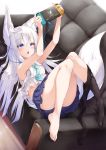  1girl :o animal_ear_fluff animal_ears arm_support armpits arms_up bangs bare_arms bare_shoulders barefoot black_legwear blue_eyes blue_neckwear blue_skirt blush brand_name_imitation commentary_request convenient_leg couch earphones eyebrows_visible_through_hair fox_ears fox_girl fox_tail full_body handheld_game_console highres holding holding_handheld_game_console knees_together_feet_apart knees_up long_hair lying miniskirt necktie nintendo_switch on_back on_couch open_mouth original pantyhose pantyhose_around_one_leg pantyhose_pull playing_games pleated_skirt shirt silver_hair skirt sleeveless sleeveless_shirt solo tail very_long_hair white_shirt yuki_kawachi 