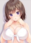  1girl :o ahoge bare_arms bare_shoulders bikini breasts brown_hair cleavage collarbone commentary front-tie_bikini front-tie_top hands_up highres large_breasts looking_at_viewer open_mouth original pasdar purple_eyes shadow short_hair solo swimsuit upper_body white_bikini 