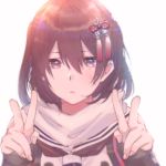  1girl bangs black_gloves brown_eyes brown_hair closed_mouth double_v eyebrows_visible_through_hair fingerless_gloves fingernails gloves hair_between_eyes hair_ornament kantai_collection medium_hair remodel_(kantai_collection) rinto_(rint_rnt) sailor_collar scarf sendai_(kantai_collection) simple_background solo two_side_up upper_body v white_background white_scarf 