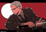  1boy black_border black_jacket black_neckwear black_vest border closed_mouth collar collared_jacket collared_shirt facial_hair fate/grand_order fate_(series) fighting_stance glasses grey_hair grey_shirt holding holding_sword holding_weapon jacket katana long_sleeves looking_to_the_side male_focus meiji_ken necktie serious shirt short_hair solo striped_jacket stubble sword upper_body vest weapon yagyuu_munenori_(fate/grand_order) yellow_eyes 