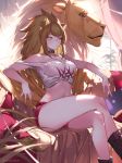  1girl animal_ears arknights bangs bare_shoulders breasts brown_footwear brown_hair choker collar commentary couch crop_top crossed_legs curtains eyebrows_visible_through_hair high_ponytail large_breasts lion lion_ears lion_girl long_hair midriff navel orange_sekaii pillow plant red_shorts short_shorts shorts siege_(arknights) sitting studded_choker studded_collar tank_top thighs white_tank_top window yellow_eyes 