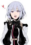  1girl absurdres black_gloves bodysuit flat_color girls_frontline gloves heart highres looking_at_viewer military military_uniform open_mouth penetration_gesture purple_eyes rpk-16_(girls_frontline) short_hair silver_hair solo sorutopg tongue tongue_out uniform white_background 