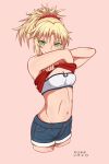  1girl abs absurdres bandeau blonde_hair breasts cleavage cropped_legs denim denim_shorts fang fate/apocrypha fate_(series) green_eyes highres looking_at_viewer midriff mordred_(fate)_(all) navel shirt_lift shorts solo undressing wizast 