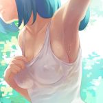  1girl blue_hair breasts check_commentary cleavage closed_mouth commentary_request covered_nipples e_keroron long_hair pokemon pokemon_(anime) pokemon_sm_(anime) shirt solo suiren&#039;s_mother_(pokemon) wet wet_clothes wet_shirt 