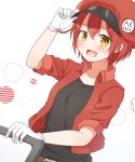  1girl :d ae-3803 ahoge bangs belt black_shirt blush brown_belt cabbie_hat cart circle commentary dutch_angle gloves hand_on_headwear hat hataraku_saibou highres jacket mihiro_momonoki open_mouth pushing_cart red_blood_cell_(hataraku_saibou) red_hair red_headwear red_jacket shirt short_hair smile solo white_background white_gloves yellow_eyes 