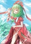  1girl :d absurdres arm_ribbon bangs blue_sky bow cloud day dress frilled_bow frilled_shirt_collar frills front_ponytail green_eyes green_hair hair_ribbon hand_up highres kagiyama_hina long_hair one_eye_closed open_mouth outdoors puffy_short_sleeves puffy_sleeves red_dress ribbon river short_sleeves signature skirt skirt_lift sky smile solo splashing touhou turn_zhuan water 