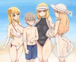  1boy 3girls abubu age_difference areolae ass beach bikini blonde_hair blue_eyes blue_sky blush breasts breasts_apart dress_swimsuit eyebrows_visible_through_hair fishnet_swimsuit flower grey_hair hair_flower hair_ornament hat highleg highleg_swimsuit large_areolae large_breasts long_hair male_swimwear medium_hair multiple_girls navel one-piece_swimsuit original sagging_breasts see-through_dress side-tie_bikini sideboob sky smile sun_hat swim_trunks swimsuit swimwear visor wristband yellow_eyes 