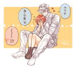  !! 1boy 1girl ae-3803 ahoge alternate_costume baseball_cap between_legs blush bob_cut brown_legwear closed_eyes commentary couple covering_face embarrassed grin hat hataraku_saibou heart hug hug_from_behind jacket knees_up misuki_op1155 outside_border pale_skin red_blood_cell_(hataraku_saibou) red_hair short_hair sitting smile socks spoken_blush translated u-1146 white_blood_cell_(hataraku_saibou) white_headwear white_jacket yellow_background 